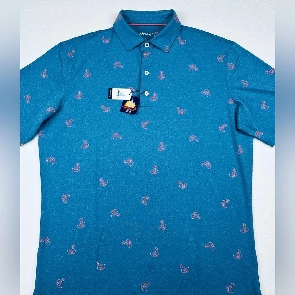 Johnnie-O Men’s Prep-formance Flamingo Floaty Lake Blue Golf Polo Shirt - Picture 3 of 10